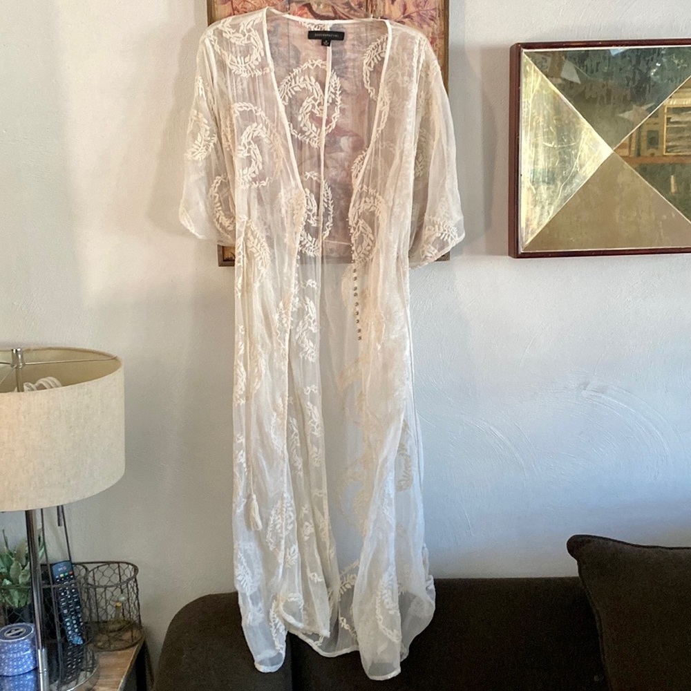 BOHO IVORY EMBROIDERED LONG KIMONO DRESS SHEER ADJUSTABLE KAFTAN S M L - Picture 11 of 12